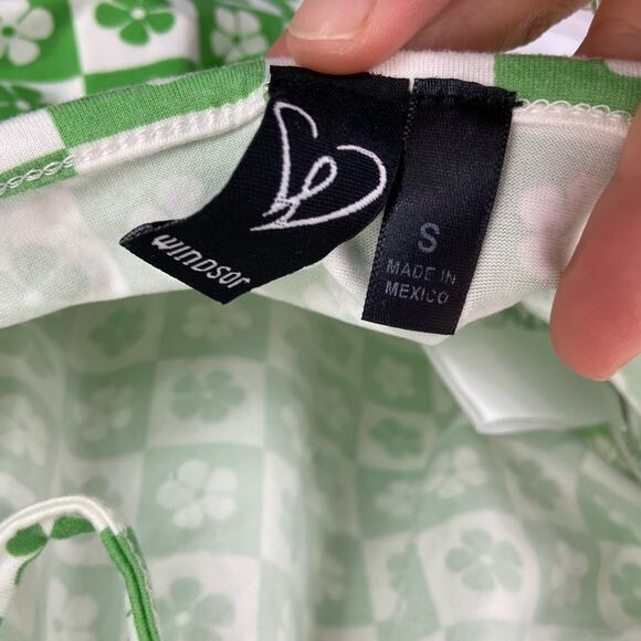 Windsor S Green White Checkered Shamrock Clover Tie Up Halter Ruched Crop Top - Picture 7 of 8